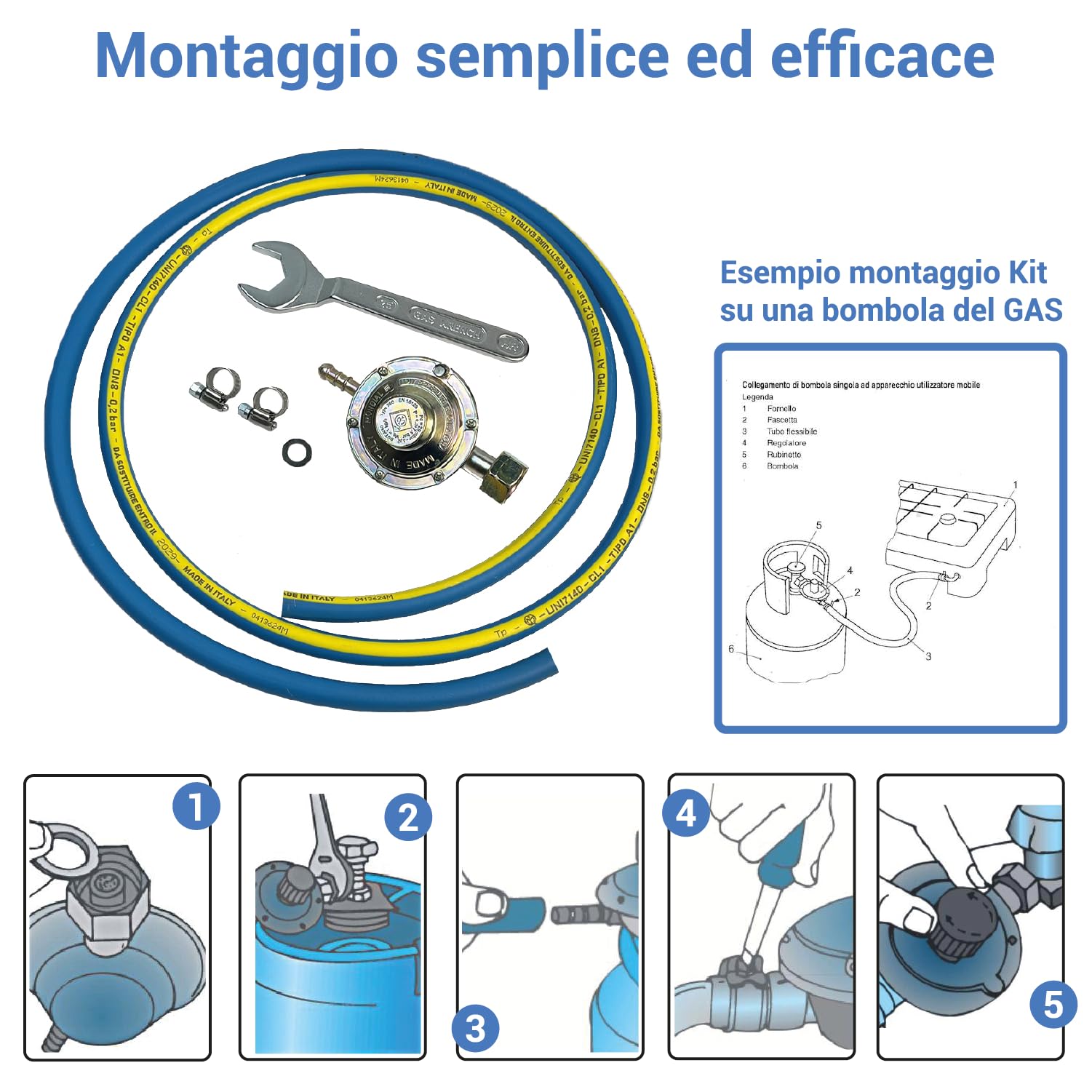 Crisalide®- Kit Tubo REGOLATORE Professionale 4 pz (Gas, Gpl) Cucina, Barbecue, Stufa: 1 Tubo+1 Regolatore+2 Fascette+1Chiave: Omologato 7140 IMQ Pressione 20/60 Bar, Made in Italy (Variabile)