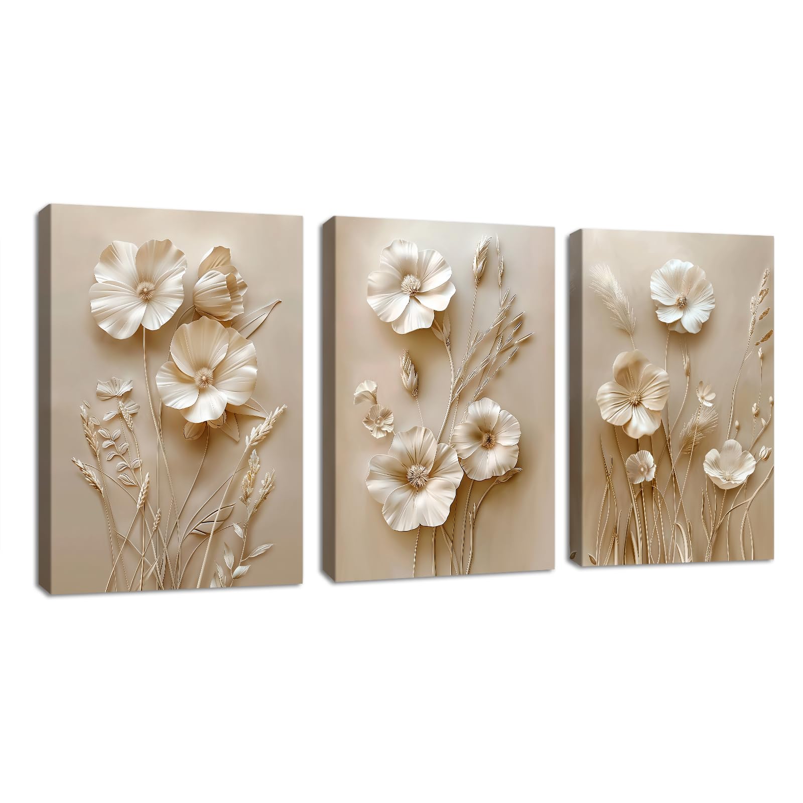 FajerminArt 3Pcs Neutral Beige Floral Canvas Wall Art, Framed Boho Botanical Flower Wall Pictures Blossom Flowers Poster Prints Painting Wall Decor for Bedroom Living Room Office 40x60cmx3 Pcs — image 1