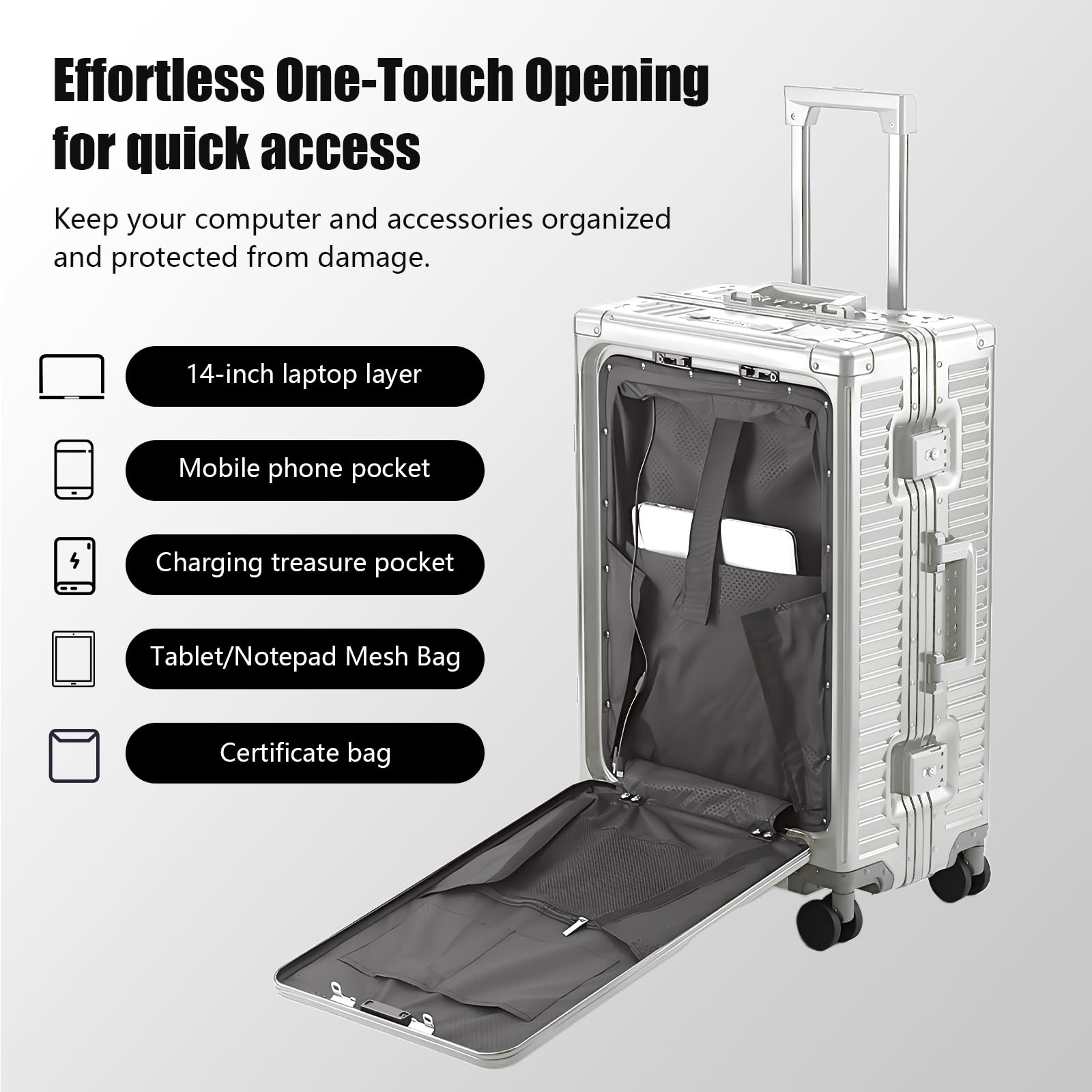 YYW Valigia in alluminio con ruote girevoli, leggera e rigida, con serratura TSA integrata, con portabicchieri, porta USB, supporto per telefono, Argento, 24inch/39x25x65cm, classico