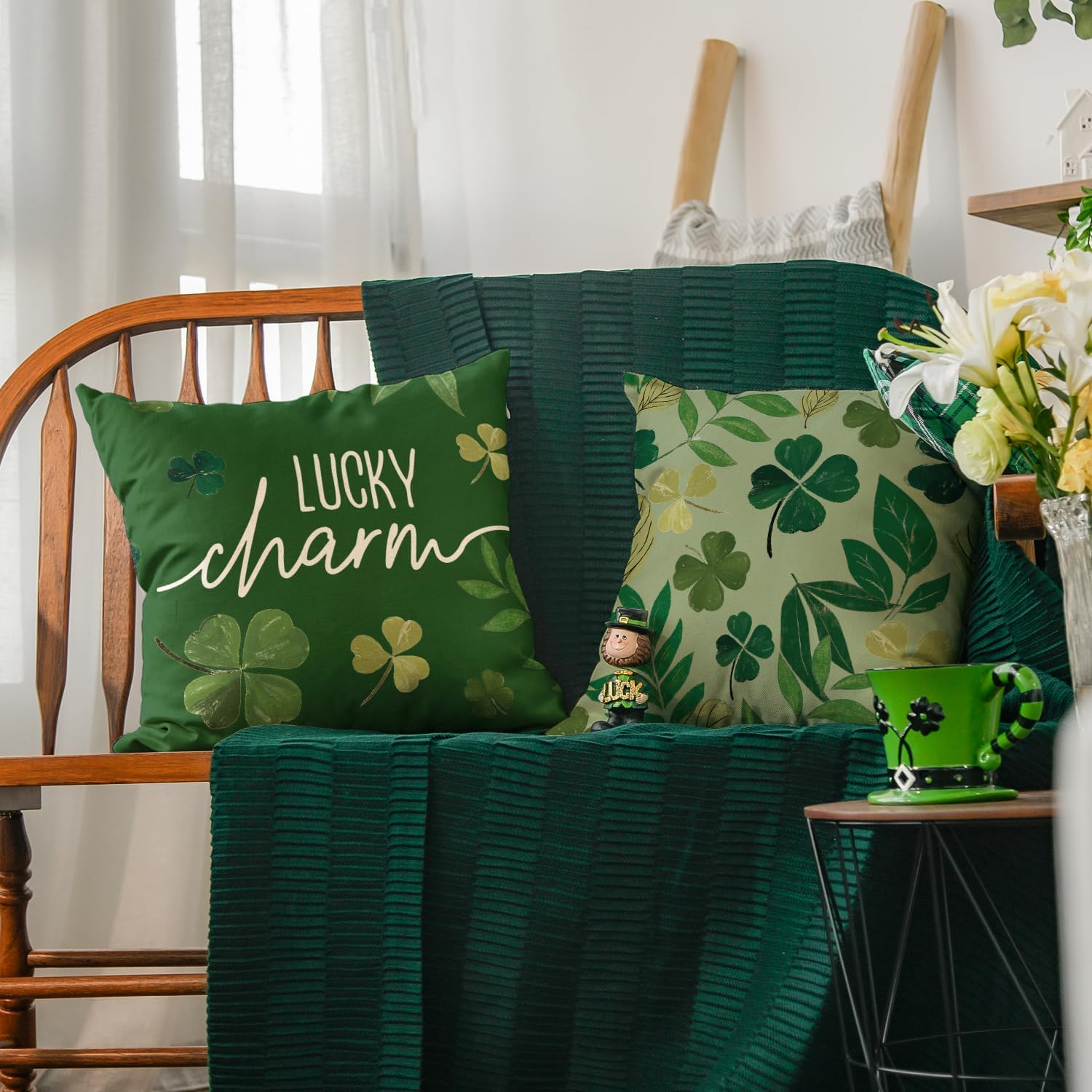 AVOIN colorlife ST Patricks Day Lucky Charm Clover Throw Pillow Covers, 18 x 18 Inch Green Leaf Shamrock Decoration for Sofa Couch Set of 4 - Image 4