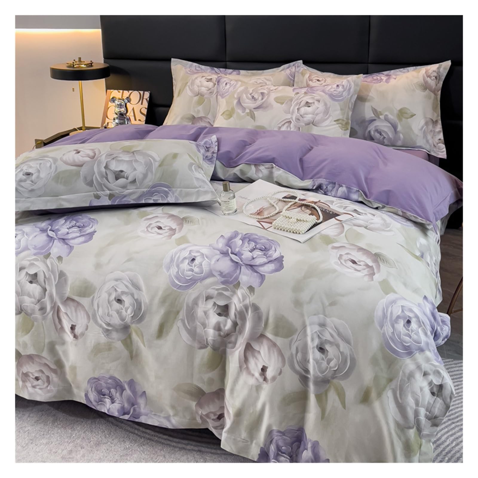 Housse de couette 100% coton haut de gamme fleurie pour parure de lit 4 pièces confort chic