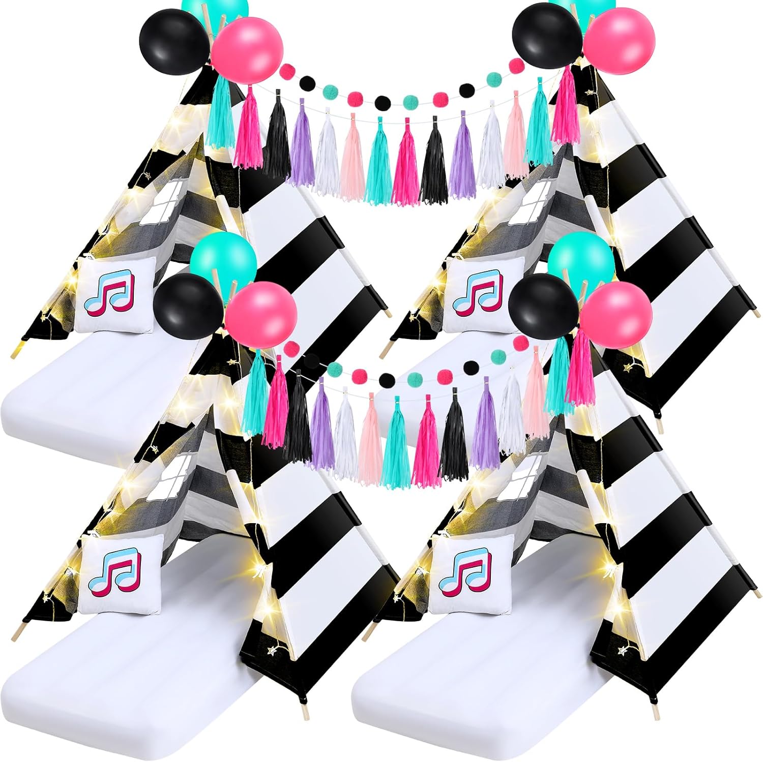 Windyun 4 Pack Teepee Tents for Kids Slumber Party with Air Mattress,Light,Pillows,Music Theme Sleepover Tents for Girls Party,Natural Cotton Kids Teepee for Indoor Outdoor