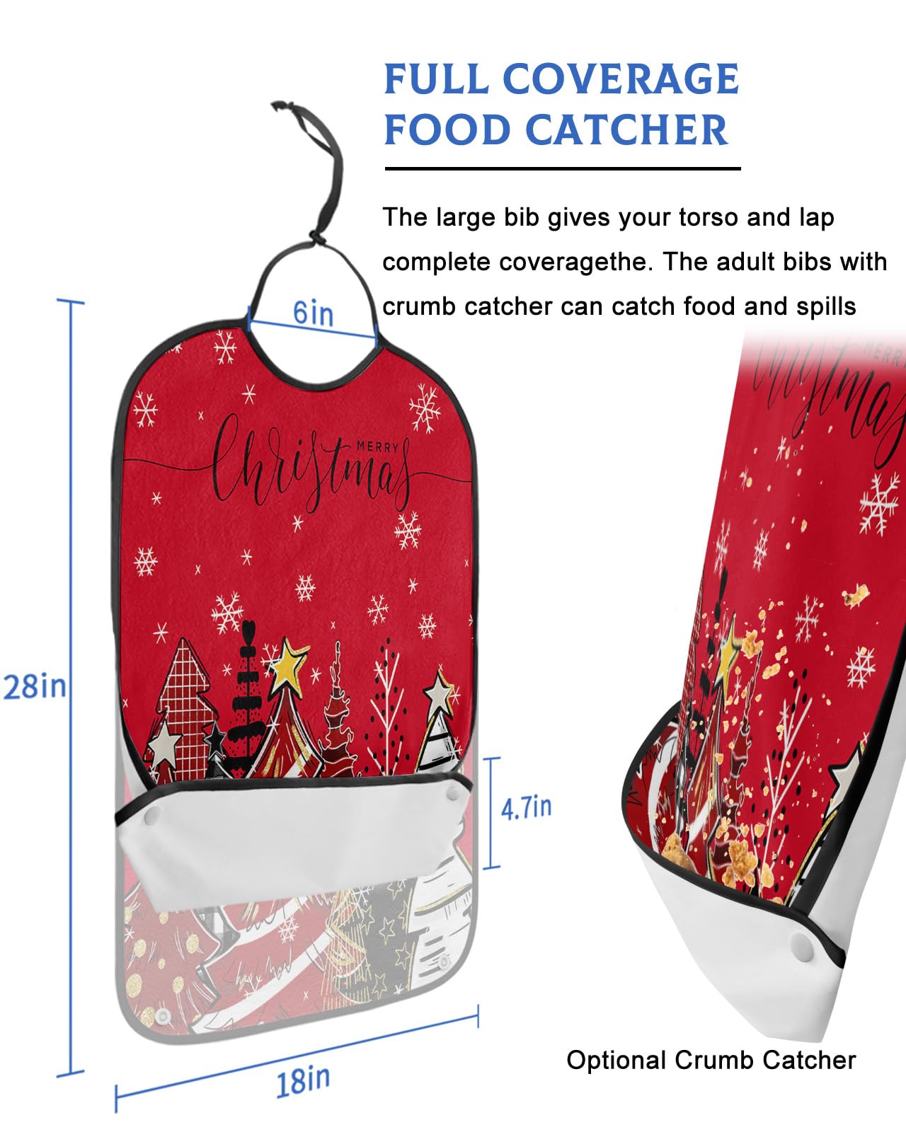 Kewadony Adult Bibs for Elderly Women - Red Christmas Tree Waterproof Dining Clothing Protectors with Crumb Catcher for Eating/Feeding, Red Black Xmas Tree Snowflake Terry Cloth Bib Machine Washable