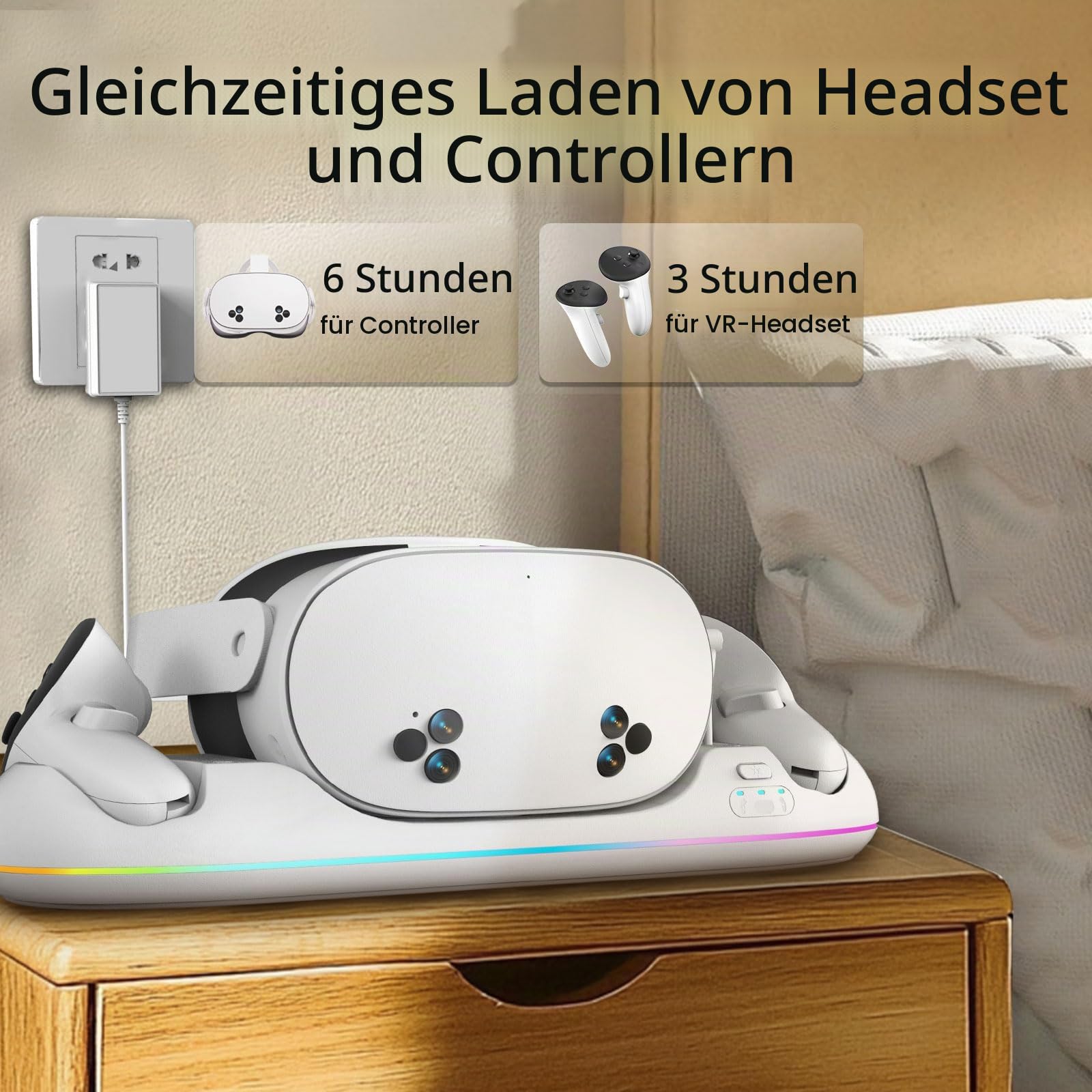 Ladestation für Meta Quest 3/3S/2, Magnetische VR-Station mit Schnellladung, USB-Ausgang, RGB-Beleuchtung, 2 wiederaufladbare 2100mAh-Batterien, Zubehör für Oculus Quest Headset und Controller