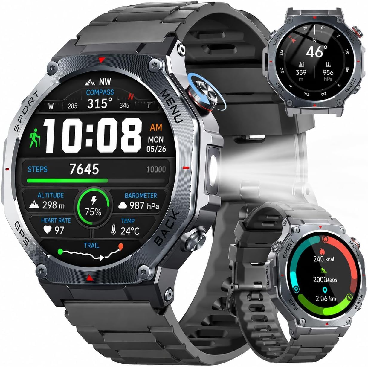 Jugeman Reloj Inteligente Hombre Militar con GPS y Linterna LED, Smartwatch