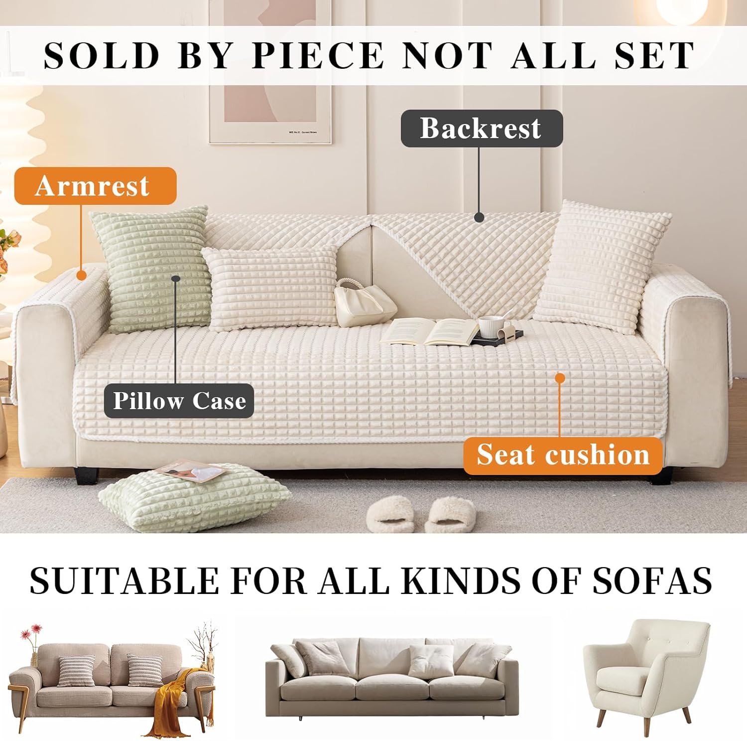 Velvet Couch Cover Sectional, Funny Fuzzy Pet Couch Covers for 3 Cushions Sofa, Plush Warm Sofa Covers for Pets Washable, Non-slip Couchs Cover for Pets & Kids(1PC, Beige White, 35.4"×82.6")
