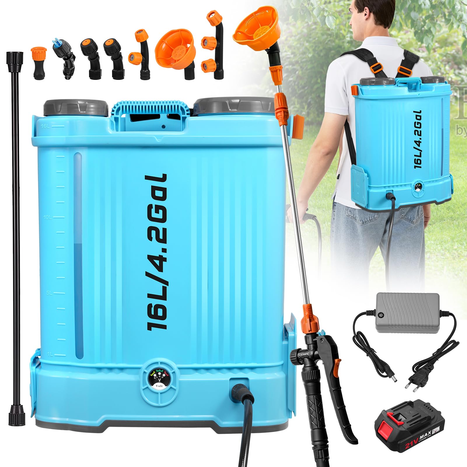 Ankishi 21V Battery Powered Backpack Sprayer with 16L, 7 Mist Nozzles, Adjustable Shoulder Strap, 100 PSI Pressure - Rechargeable Garden Weed Sprayer for Gardening, Cleaning & Agricultural Use