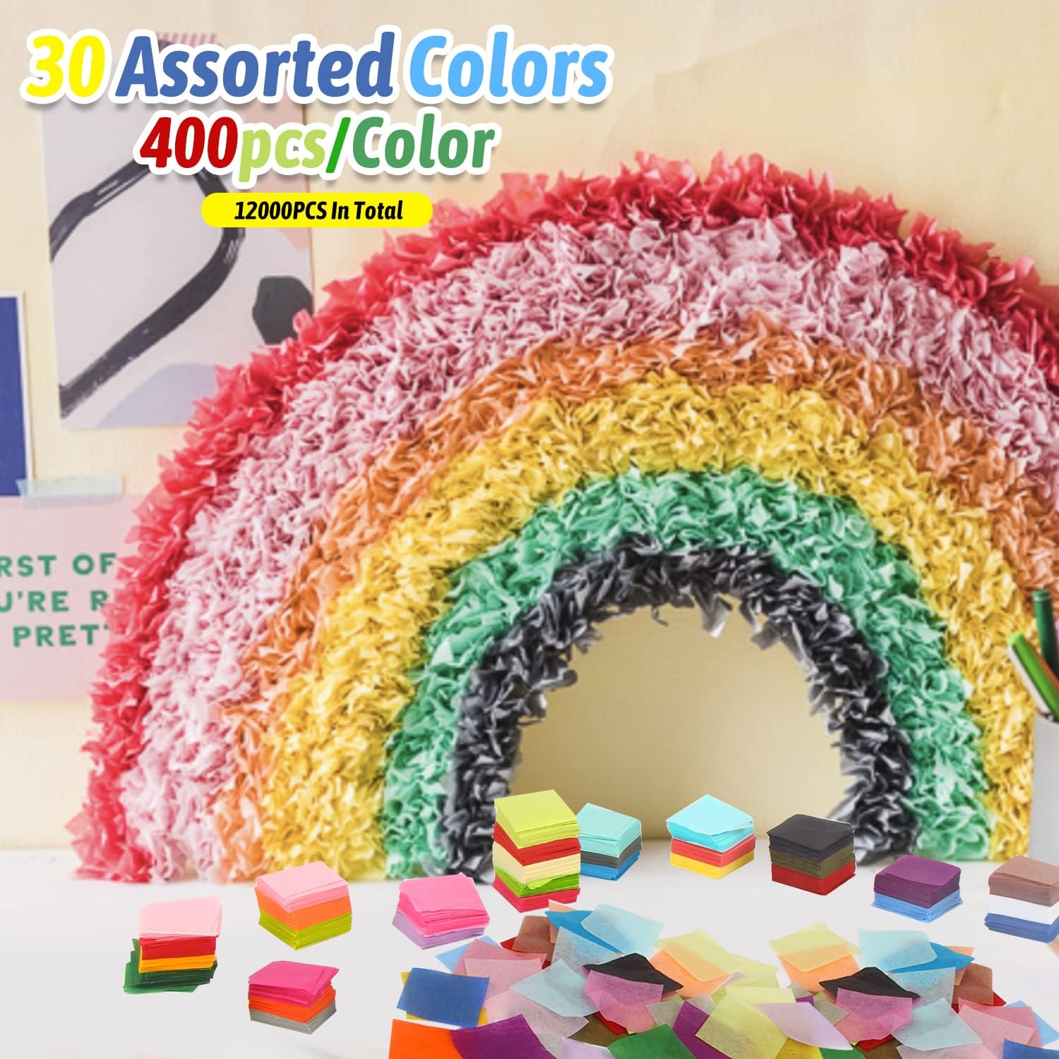 KIMOBER 12000PCS 1 inch Tissue Paper Squares,30 Assorted Colors Rainbow Tissue Mosaic Squares for Arts Craft DIY Scrapbooking Scrunch Art