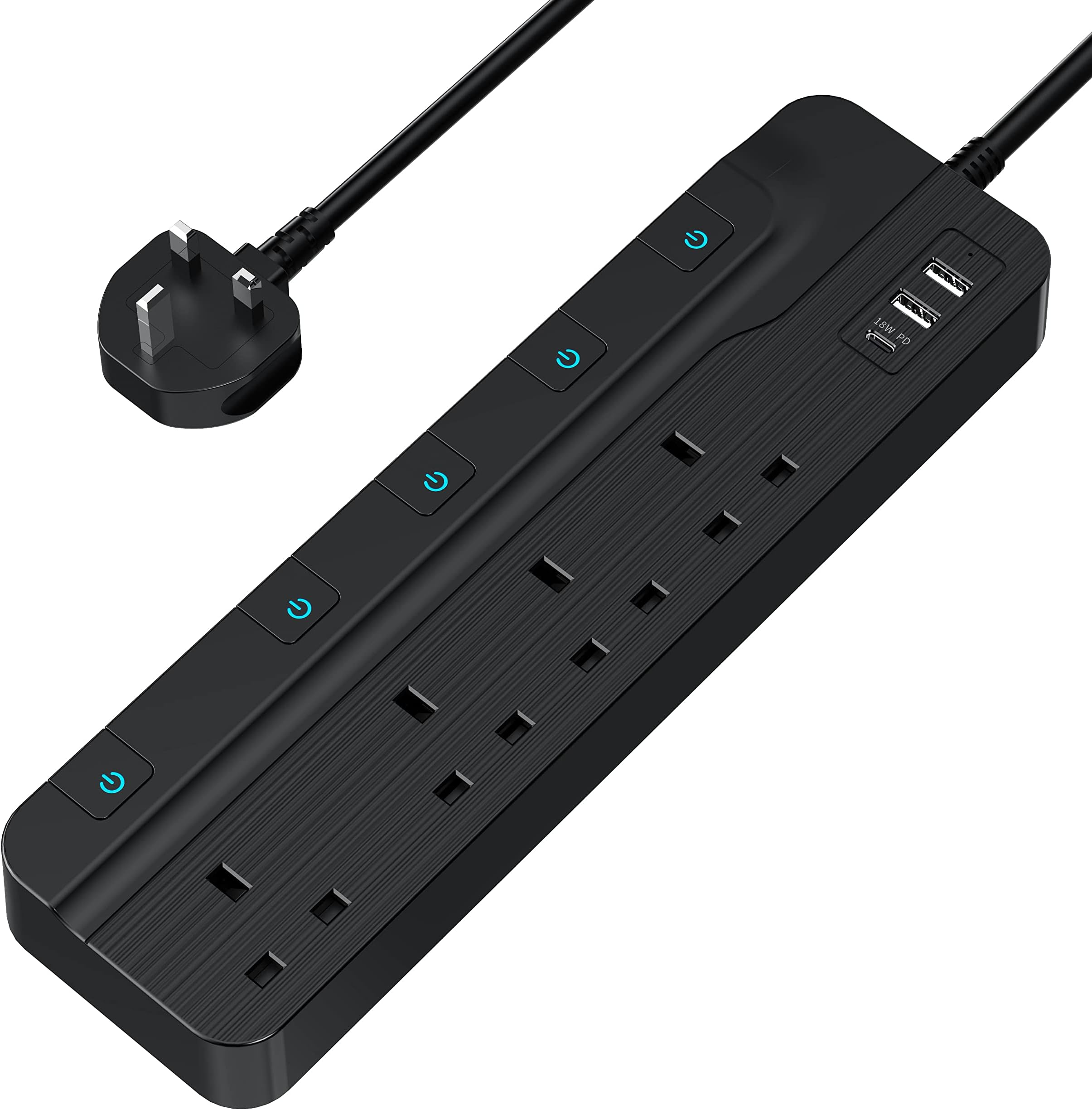 Power Strip With USB New Trend UK Standard Multi Plug Integrate 4 Outlets and USB-C PD18W Charging Port - Black