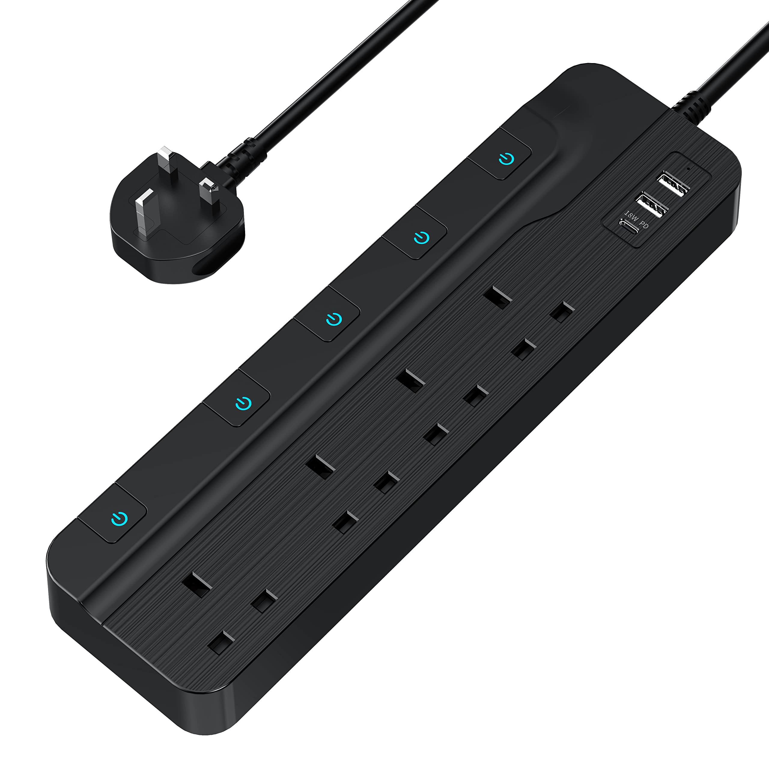 Power Strip With USB New Trend UK Standard Multi Plug Integrate 4 Outlets and USB-C PD18W Charging Port - Black