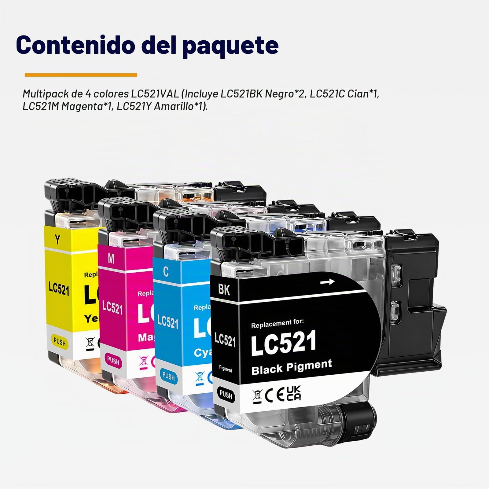 LC521 LC521VAL Cartucho de Tinta Compatible para Brother DCPJ1260W DCPJ1310DW DCPJ1313DW DCPJ1360DW DCPJ1460DW Impresora LC521BK LC521C LC-521M LC-521Y (4-Pack)