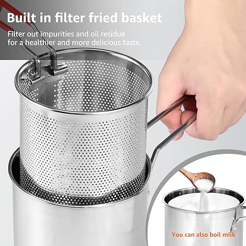 Miniatura 4 de Olla para freír con canasta, olla de cocina de alimentos de 68 oz2 L con mango de fácil agarre, sartén portátil de acero inoxidable para freír