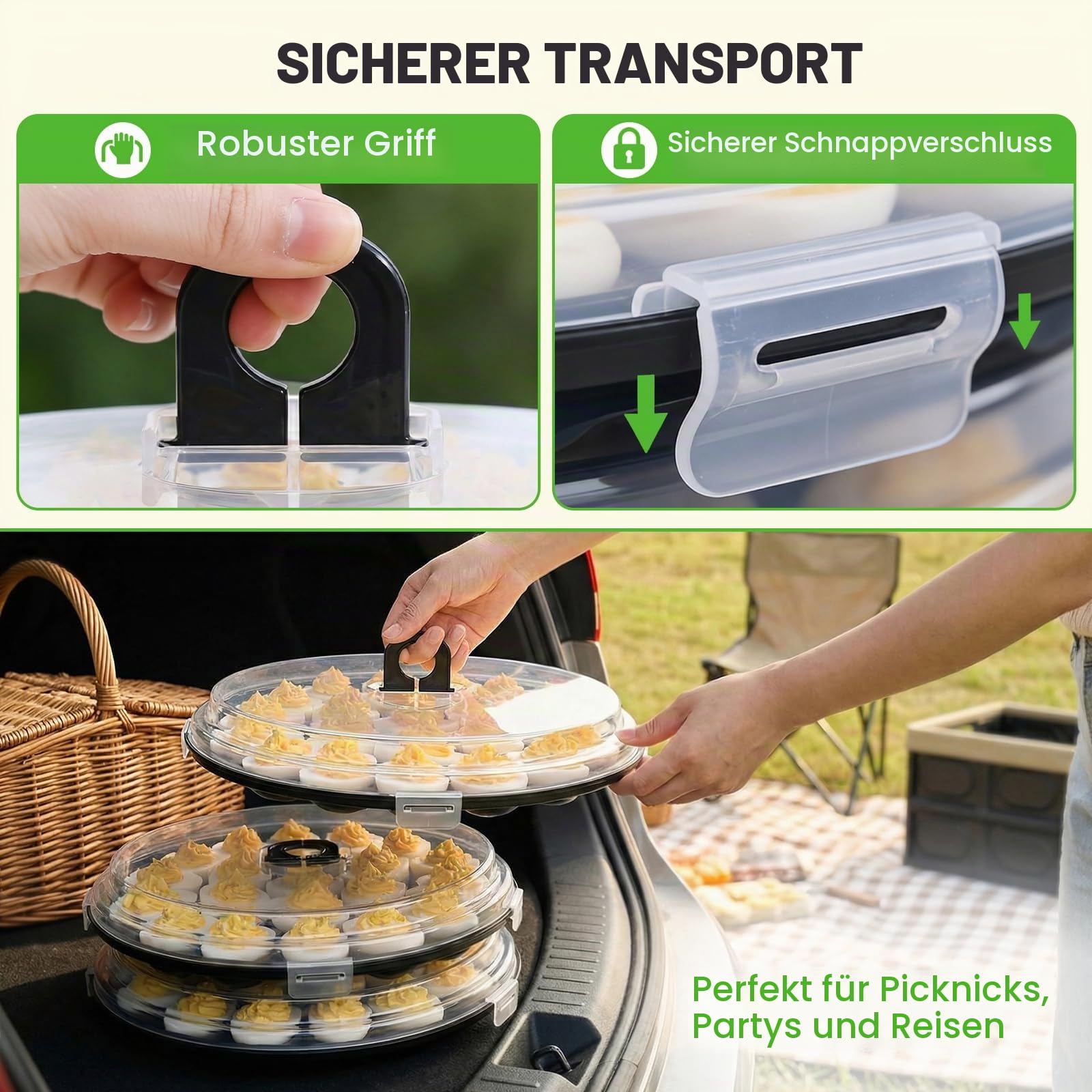 HANSGO Deviled Eierbehälter mit Deckel, 3 Stück Deviled Eierteller, Halter Tabletts mit 66 Schlitzen für Party und Küche, Schwarz