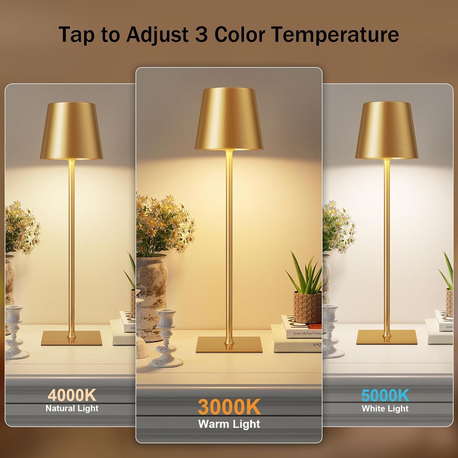 Gold Cordless Rechargeable Table Lamp, 4 Pack Portable Desk Lamp with 5000mAh Battery, Touch Control Stepless Dimming, Wireless Night Light for Dining, Outdoor Camping, Coffee Shop, Waterproof Design