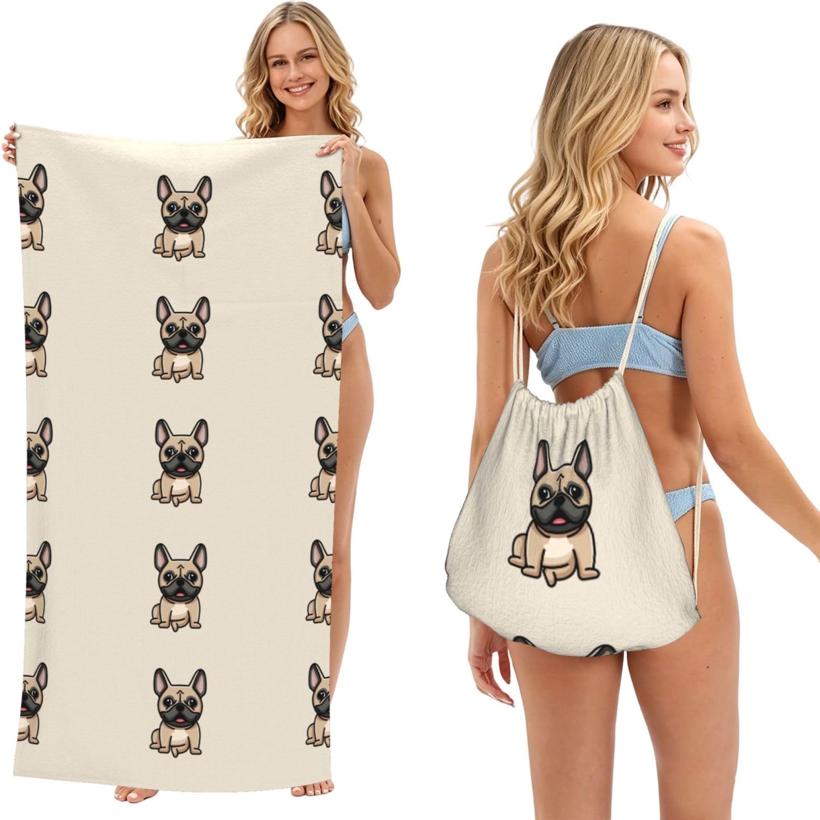 Poadnly As Picture French Bulldog, 2 In 1 Packable Towel Bag, Beach Towels With Drawstring Backpack For Travel Holiday Camping
