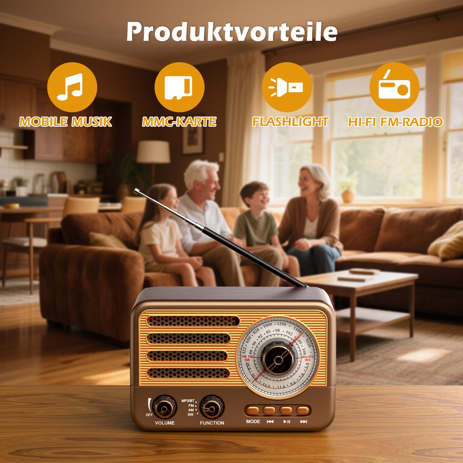 Vintage-Transistorradio – Retro-Stil mit moderner Reichweite, tragbar, AM/FM/SW, mit USB/TF/Aux-MP3-Wiedergabe und wiederaufladbarem 1800-mAh-Akku