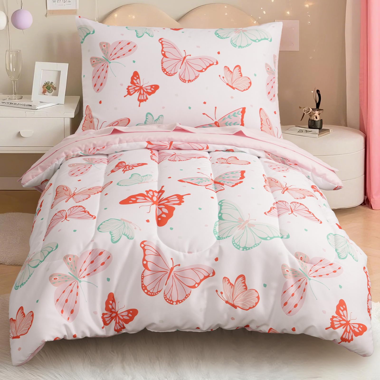david's kids 4 piece toddler bedding set - soft breathable toddler bedding set for girls, includes quilted comforter, flat sheet, fitted sheet and pillowcase, butterfly