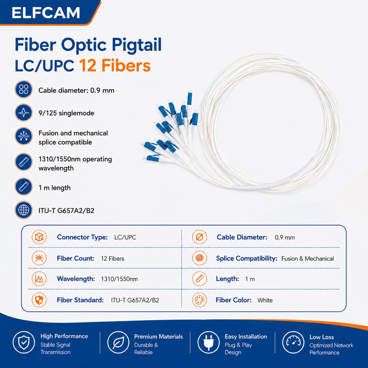 Elfcam® - Pigtail in Fibra Ottica 12 Fibre Monomodali Simplex LC/UPC 9/125um OS2, Bianco