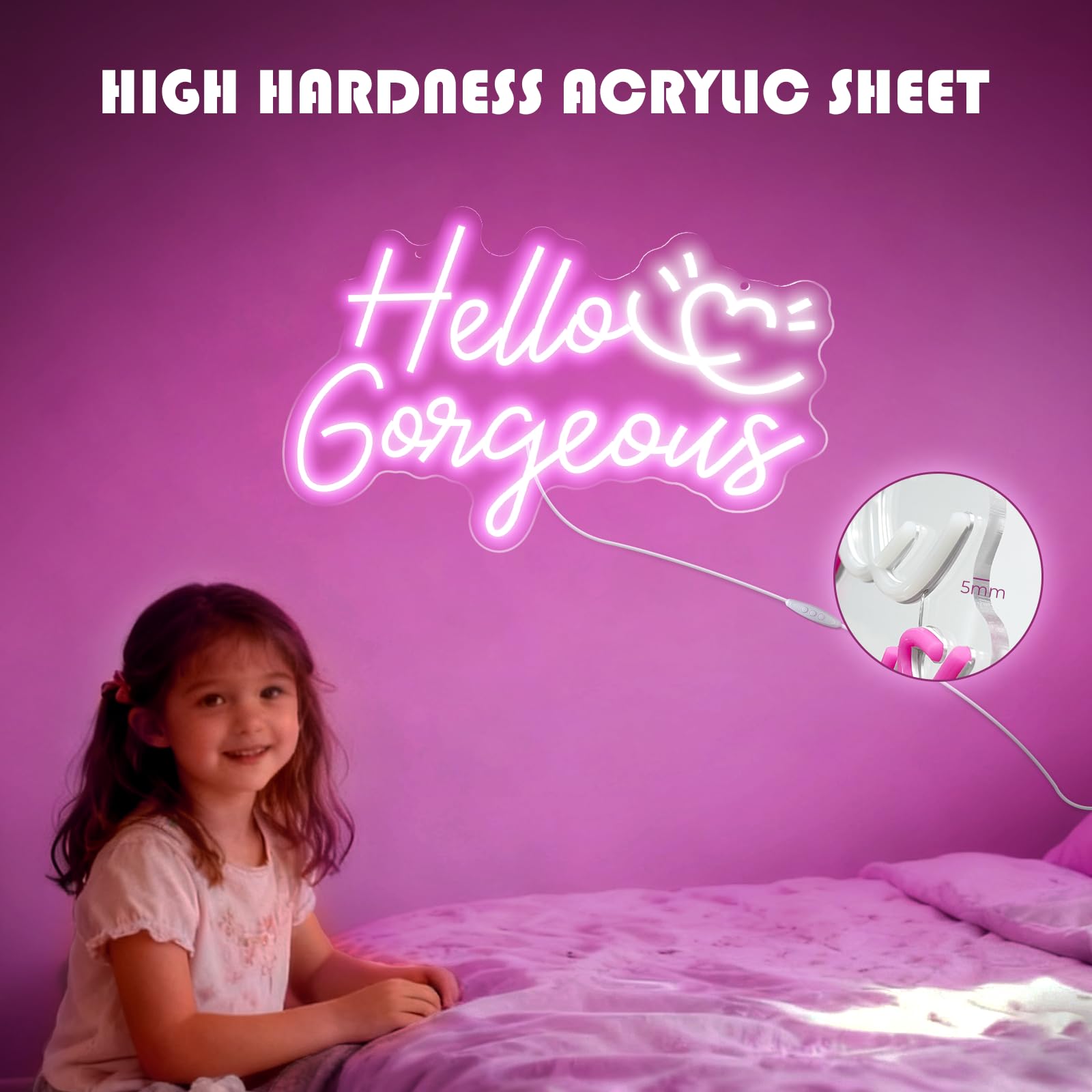 Hello Gorgeous Neonschild, 40,6 x 27,7 cm, LED-Schild, Neonschilder für Wanddekoration mit dimmbarem Schalter, Stromversorgung über USB, rosa Neonlichter für Teenager, Mädchen, Schlafzimmer