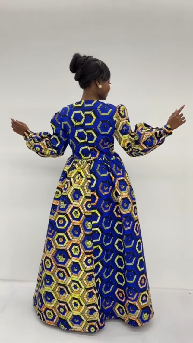 blue and yellow african print dress Girl's Occasion Dress | Turtleneck African Print Dress for Girls main image 1