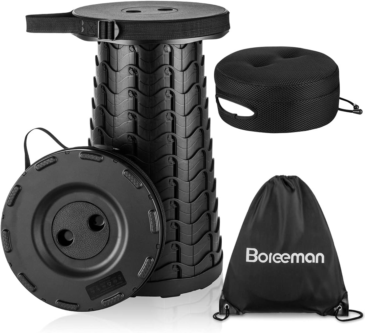 Boreeman Plastic Upgraded Folding Stool with Cushion, Lightweight Yet Sturdy, Load Capacity 400lbs, Portable Collapsible Telescopic Stool for Camping, Fishing, Hiking, BBQ (Black)