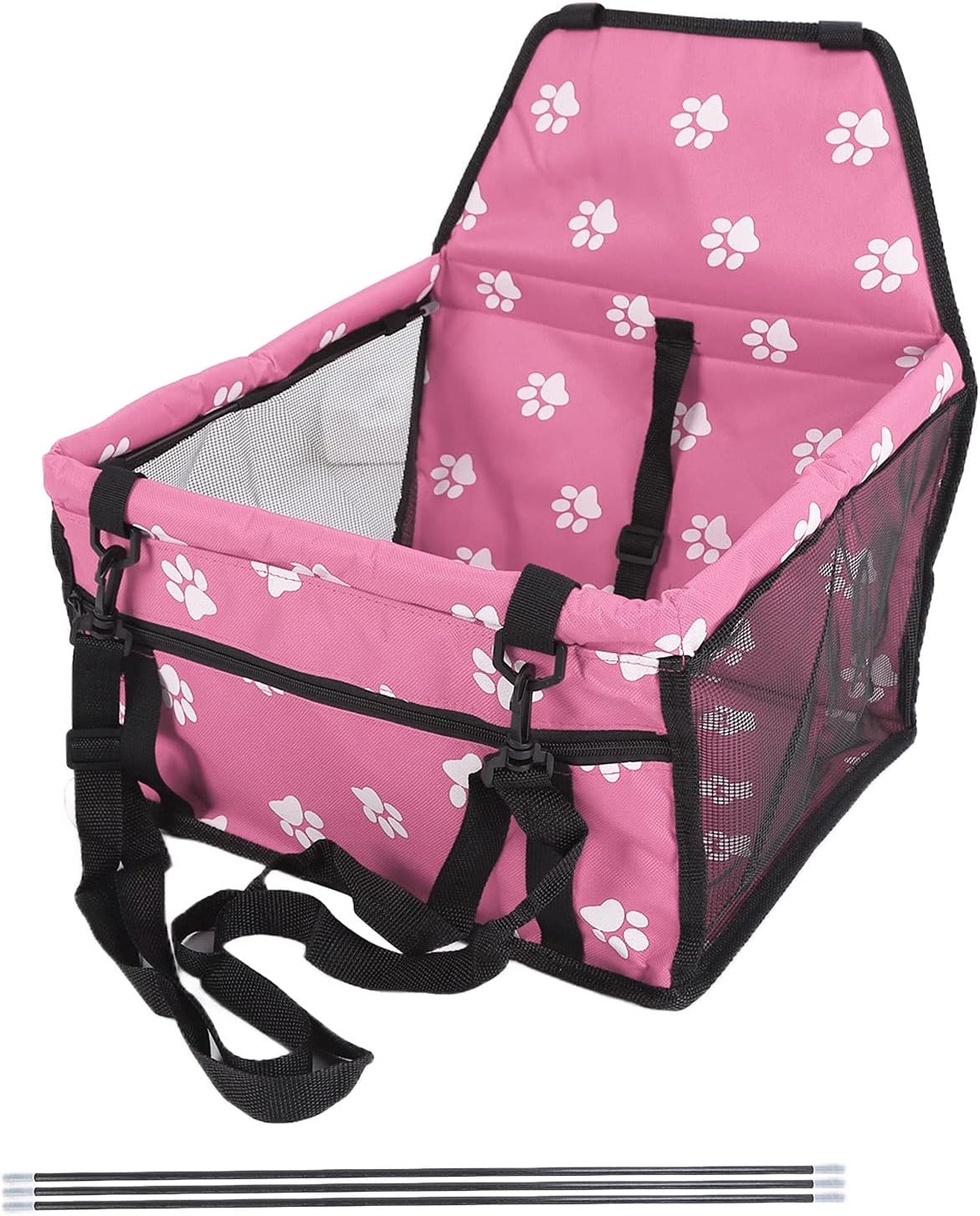 Bear Pattern Pet Carrier Cage, Washable and Foldable Car Safety Seat for Pets, Adjustable Strap with Support Rod, Oxford Cloth Material, Easy to Install (Pink Claw Print Support Rod Model)