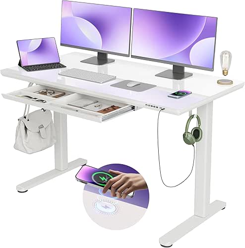 INNOVAR Wireless Charging Glass Standing Desk with Drawers, Adjustable Height