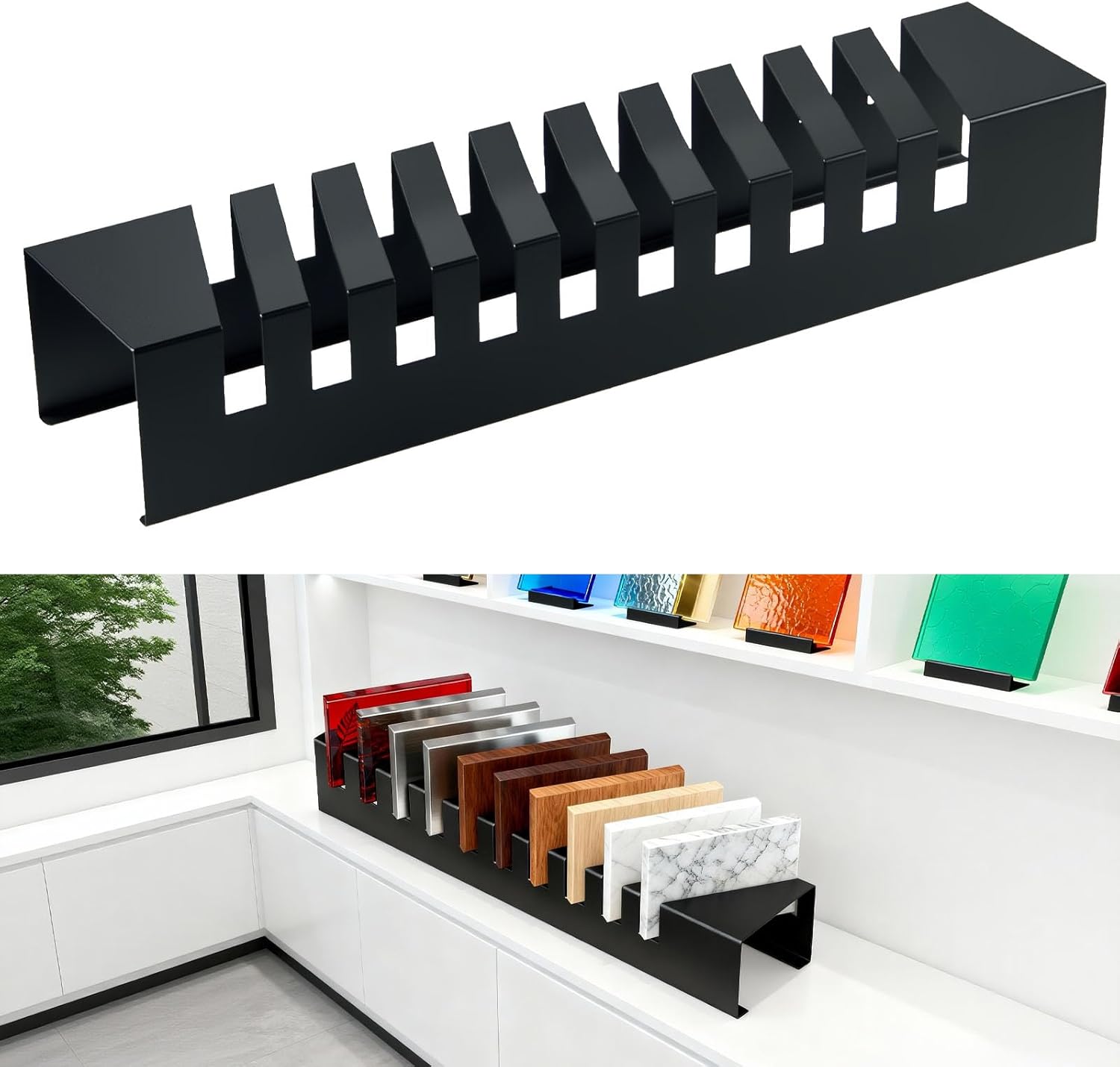 Heavy Duty Tile Sample Organizer & Display Rack, 10-Slot Carbon Steel Small Tile Stand Organizer for Ceramic & Flooring Samples, Countertop Organizer for Retail Stores, Showrooms & Exhibitions