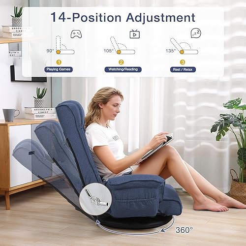 Miniatura 4 de Silla ergonómica de tela de lino, sofá cama reclinable de 6 posiciones con soporte lumbar, tumbona plegable con cojín grueso, reposabrazos y