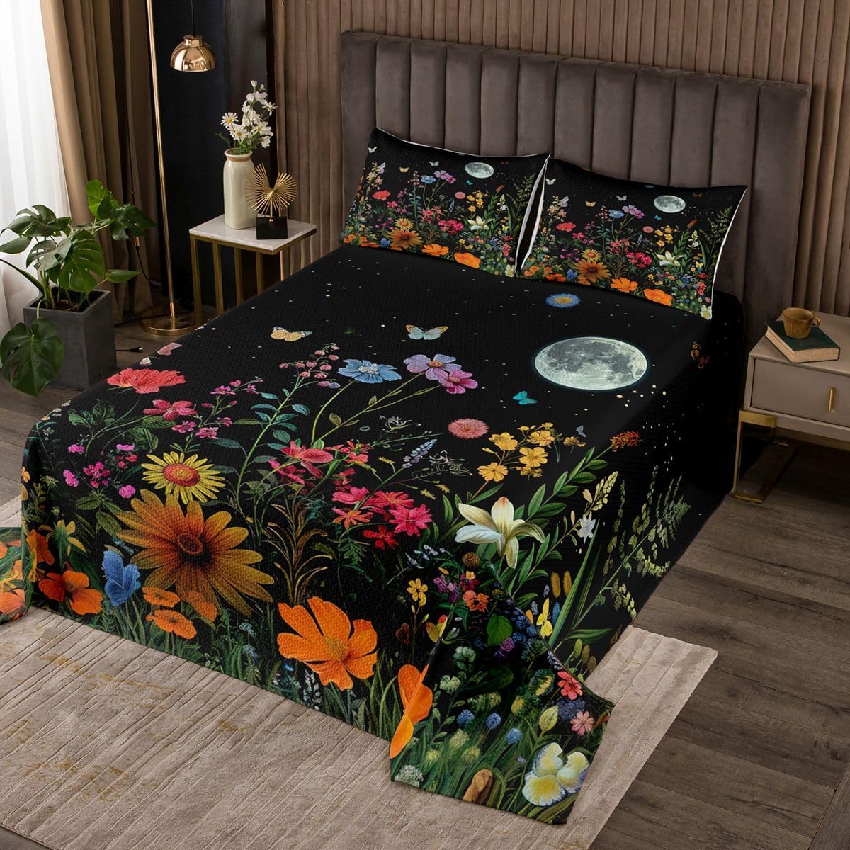Colorful Flowers Bedspread Twin Size,Moon Starry Sky Bedding for Kids Teens Bedroom Decor,Botanical Floral Plants Coverlet Set,Black Orange Green Quilt Set for All Season,2 Pcs with 1 Pillowcase