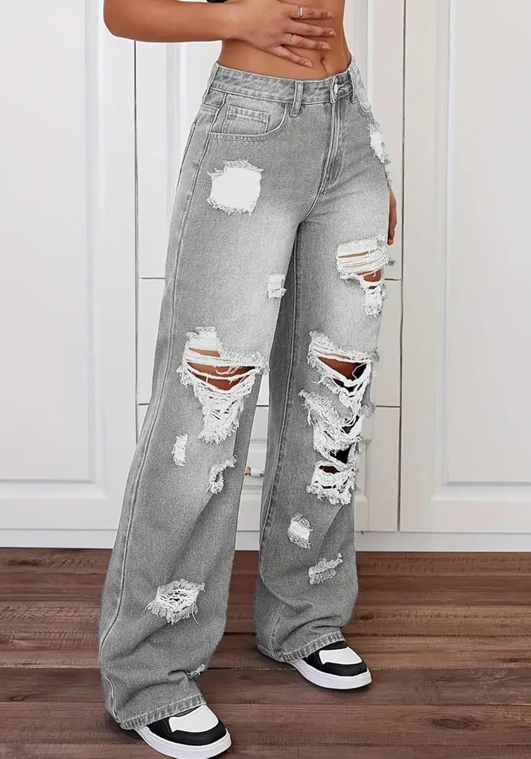 SHINFY Women's High Waisted Wide Leg Ripped Jeans Y2K Baggy Boyfriend Jeans Distressed Denim Pants