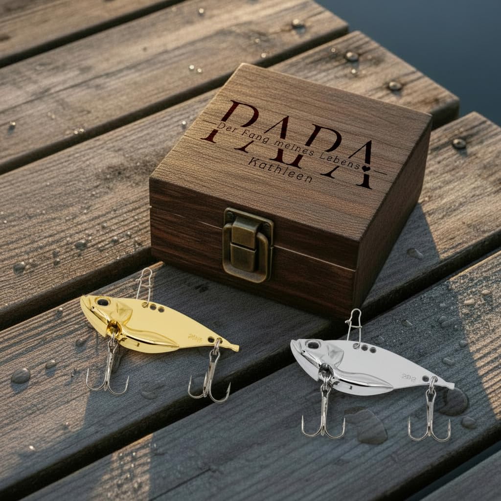 Angel Box mit Haken personalisiert, Geschenk Vater Sohn, Angelhaken, Angeln, Geschenke für Angler, Angelköder, Köderbox als Geburtstagsgeschenk mit Namen (Fang meines Lebens)