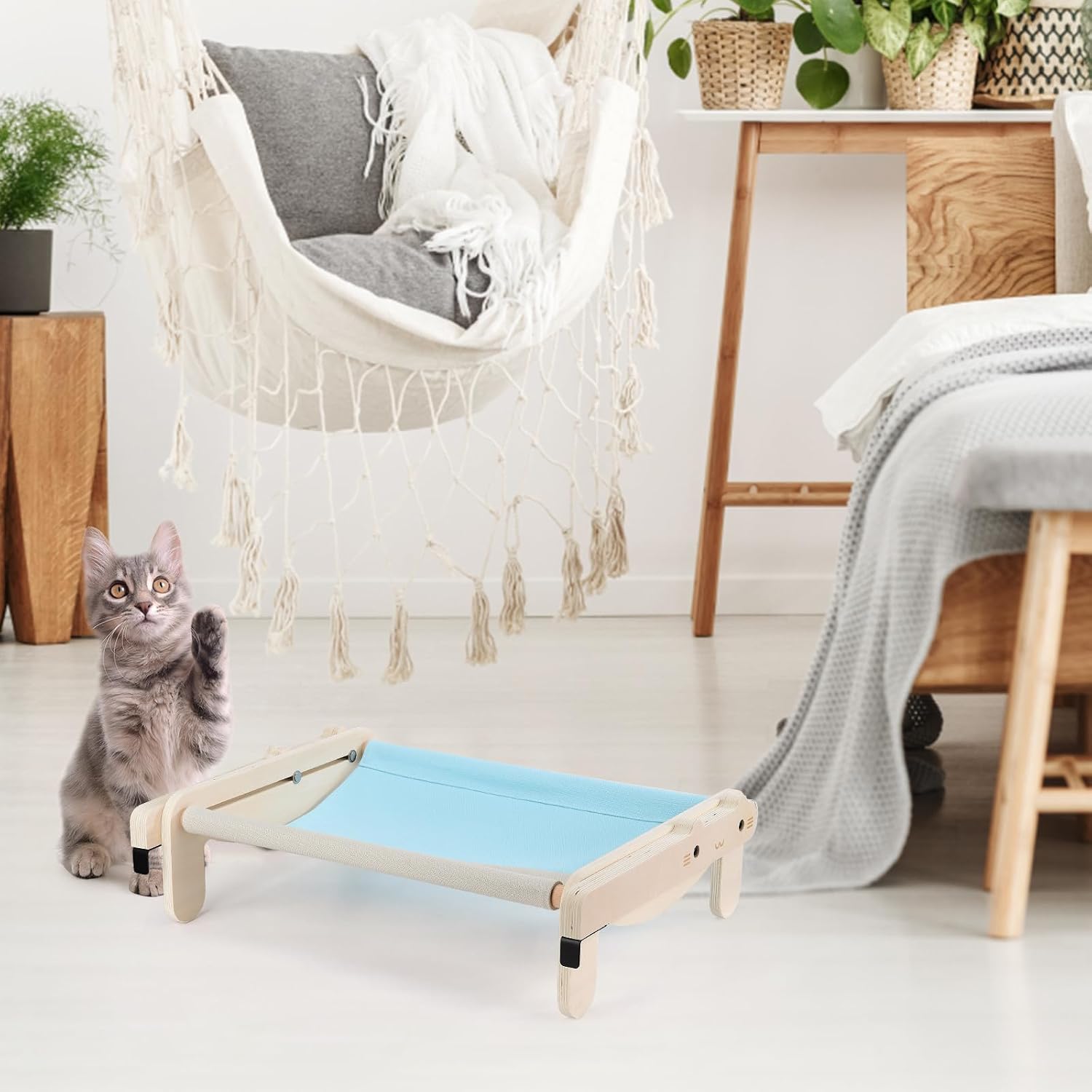 MINGZHE Pet Bed,Cat Bed Dog Bed Pet Hammock Bed with SkidResistant Feet, Frame with Breathable Mesh Solid Wood Cat Nest Hanging Bed Four Seasons Universal Landing Removable Washable Cat Hammock(A)