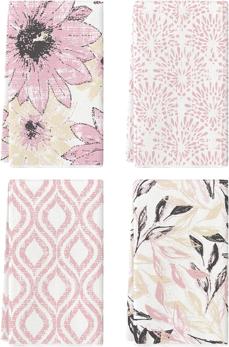 Artoid Mode Pink Floral Leaves Boho Kitchen Towels Dish Towels, 18x26 Inch Seasonal Decoration Hand Towels Set of 4
