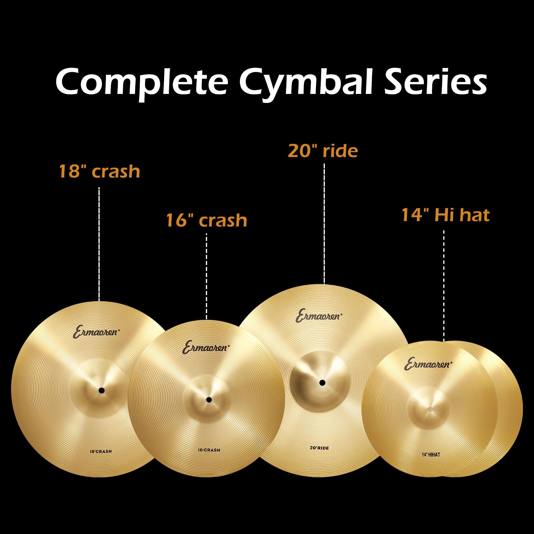 Cymbal Pack, 5 Pieces Drum Cymbals Set,14" Hi Hat Cymbals, 16" Crash and 18" Crash Cymbals, 20" Ride Cymbals for Drums Set