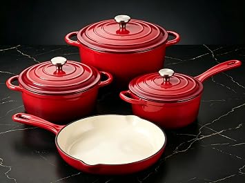QuliMetal Enameled Cast Iron Cookware Set, 4-Piece Pots and Pans Set with Lids, 10.25" Skillet, 2QT Saucepan, 2.8QT & 4.8QT Dutch Ovens, Oven Safe to 500F, All Stovetops Compatible - Rouge Red
