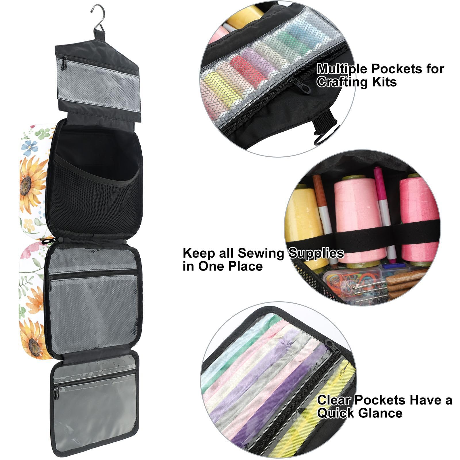 YNNALE Sewing Supply Organizer Bag, Watercolor Sunflower Pink Floral Modern Farmhouse Portable Sewing Bags with Pockets&Hanger, Sewing Storage Box Case for Sew Supplies/Kit/Tools/Accessories (BAG ONLY