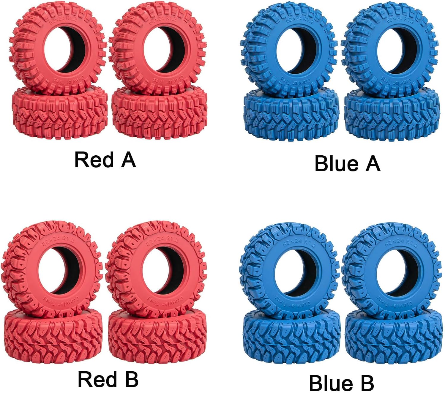 4PCS RC 1.2" Beadlock Tires 62 * 24mm Colored Rubber Crawler Tires for 1/18 Trx4m,1/24 SCX24 FCX24 RC Crawler Car (Red A)