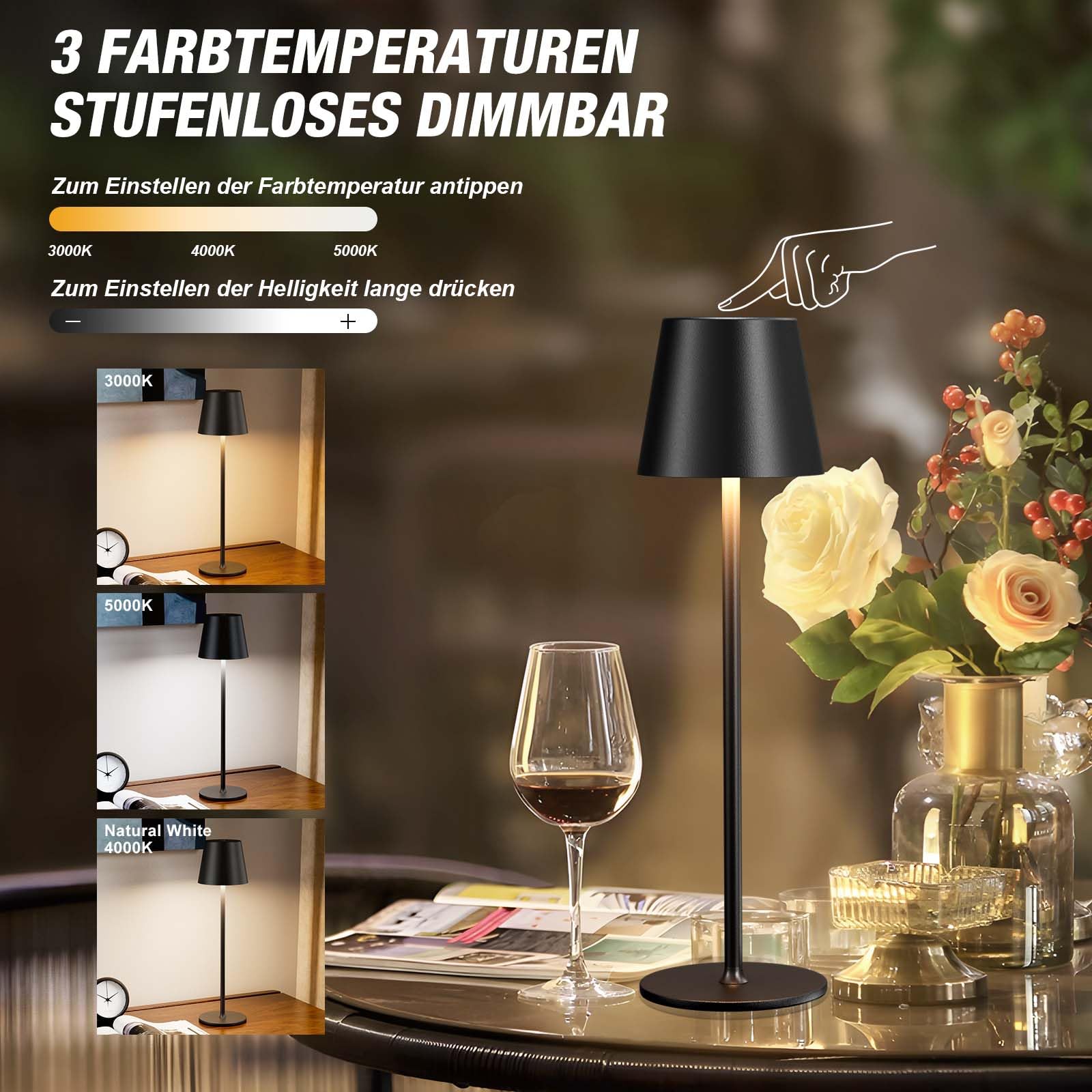 Tischlampe Kabellos 2er Set, Akku LED Tischleuchte, Nachttischlampe Touch Dimmbar mit 3 Farbtemperatur, Tischlampe mit USB-C Aufladbar für Outdoor Nachttisch Esstisch Camping(Schwarz)