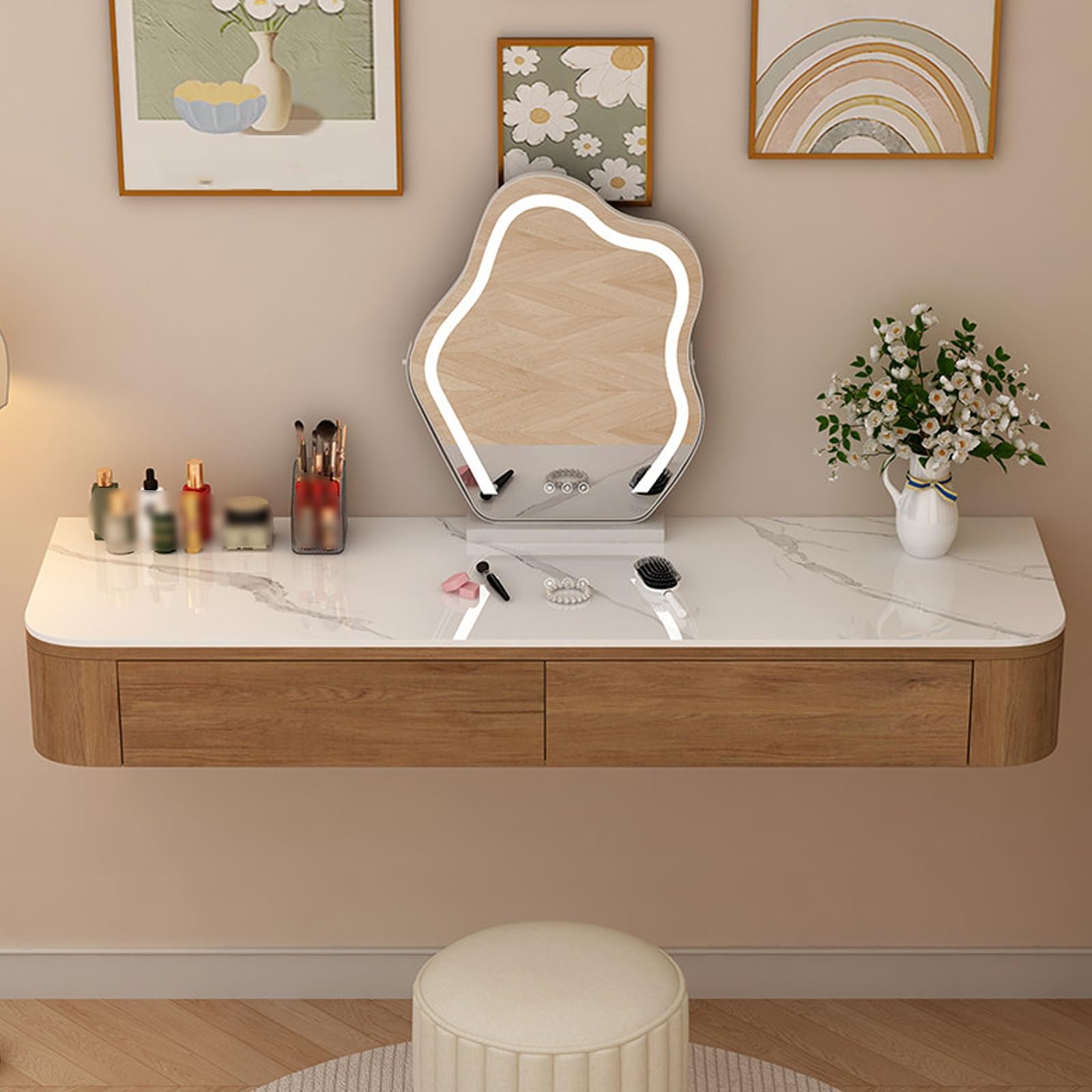 Moderno escritorio de maquillaje flotante con Ders – Madera maciza Slish y piedra sinterizada, 140 cm de pared vani para baño, esquinas redondeadas, roble H, totalmente montado