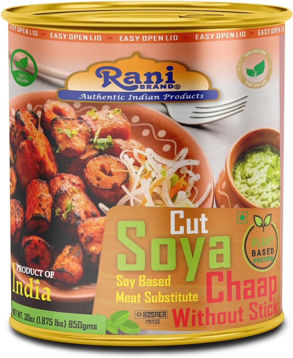 Rani Cut Soya Chaap Whitout Stick (Plant Based Protein) 30oz (1.875lbs) 850g ~ Easy Open Lid | All Natural | Vegan | No Colors | NON-GMO | Kosher | Indian Origin | Soy Based Meat Substitute