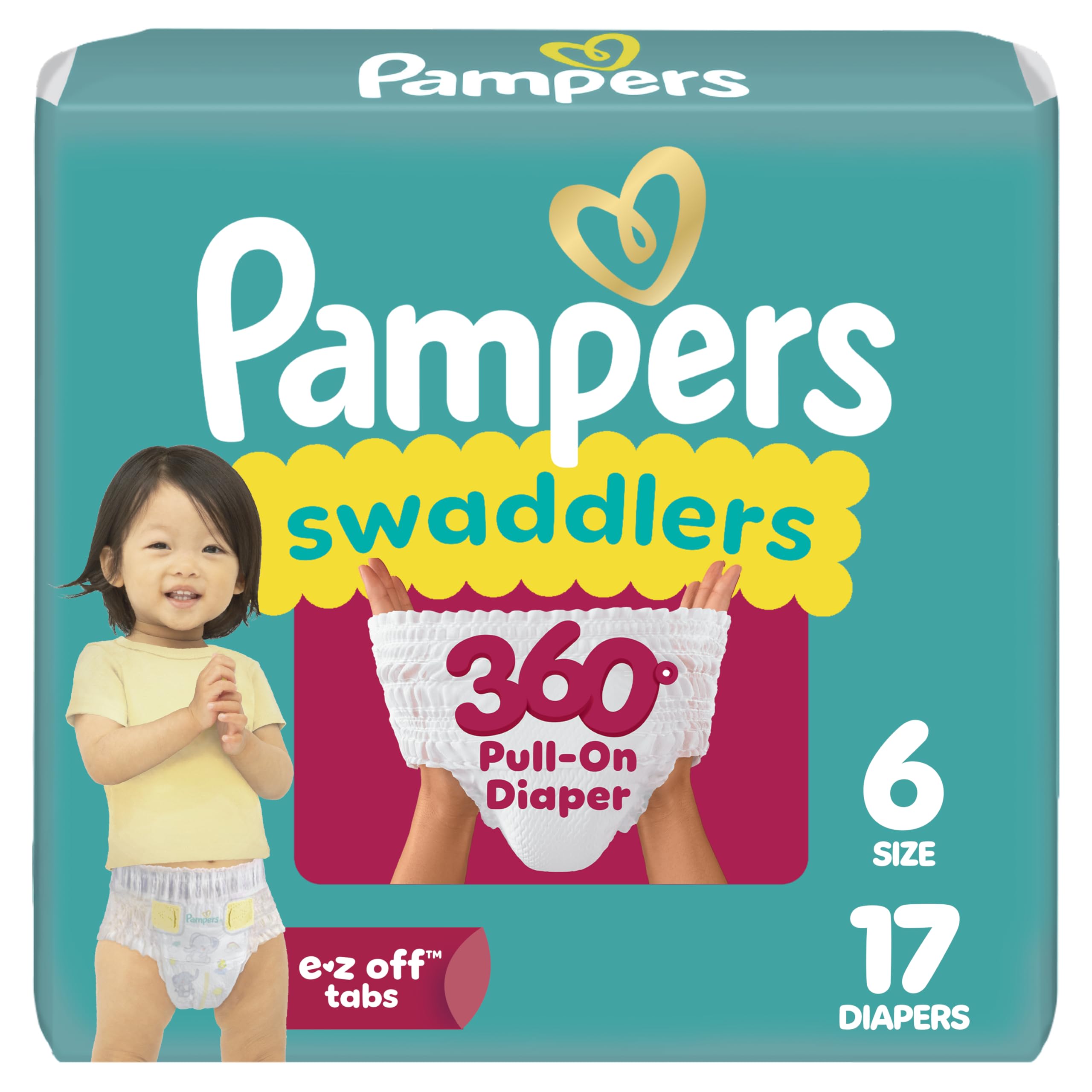 Pampers Diapers - Swaddlers 360° - Size 6, 17 Count, up to 100% Leakproof Comfy Dry Fit, Designed for Easy Changes, Pull On Baby Diaper