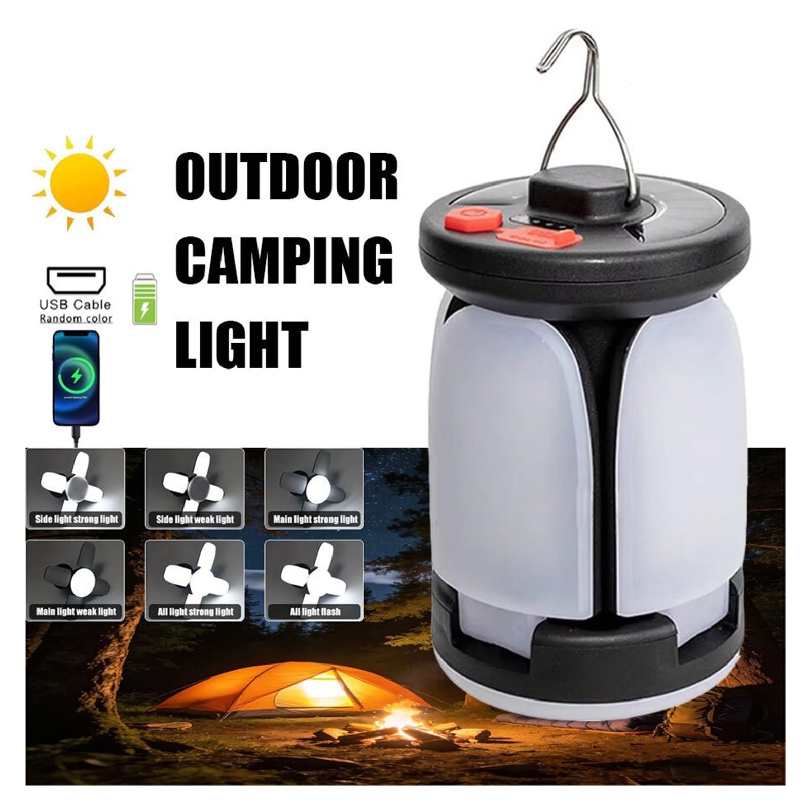 Linterna LED Solar De Alta Potencia For Acampar, Lámpara Camping Recargable con Luz Plegable, Portátil For Tienda Campaña For Emergencias Al Aire Libre IluminacióN Brillante