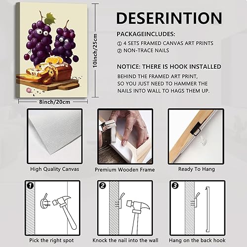 Miniatura 2 de QPOKLAF Juego de 4 impresiones en lienzo enmarcadas divertidas para cocina, impresiones de alimentos, decoración artística de pan, decoración