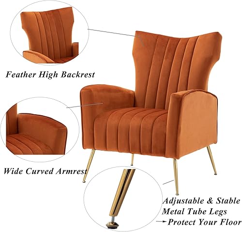 Miniatura 39 de Artechworks Silla decorativa curvada con patas doradas de metal dorado con brazo tapizado de terciopelo, silla moderna para sala de estar,