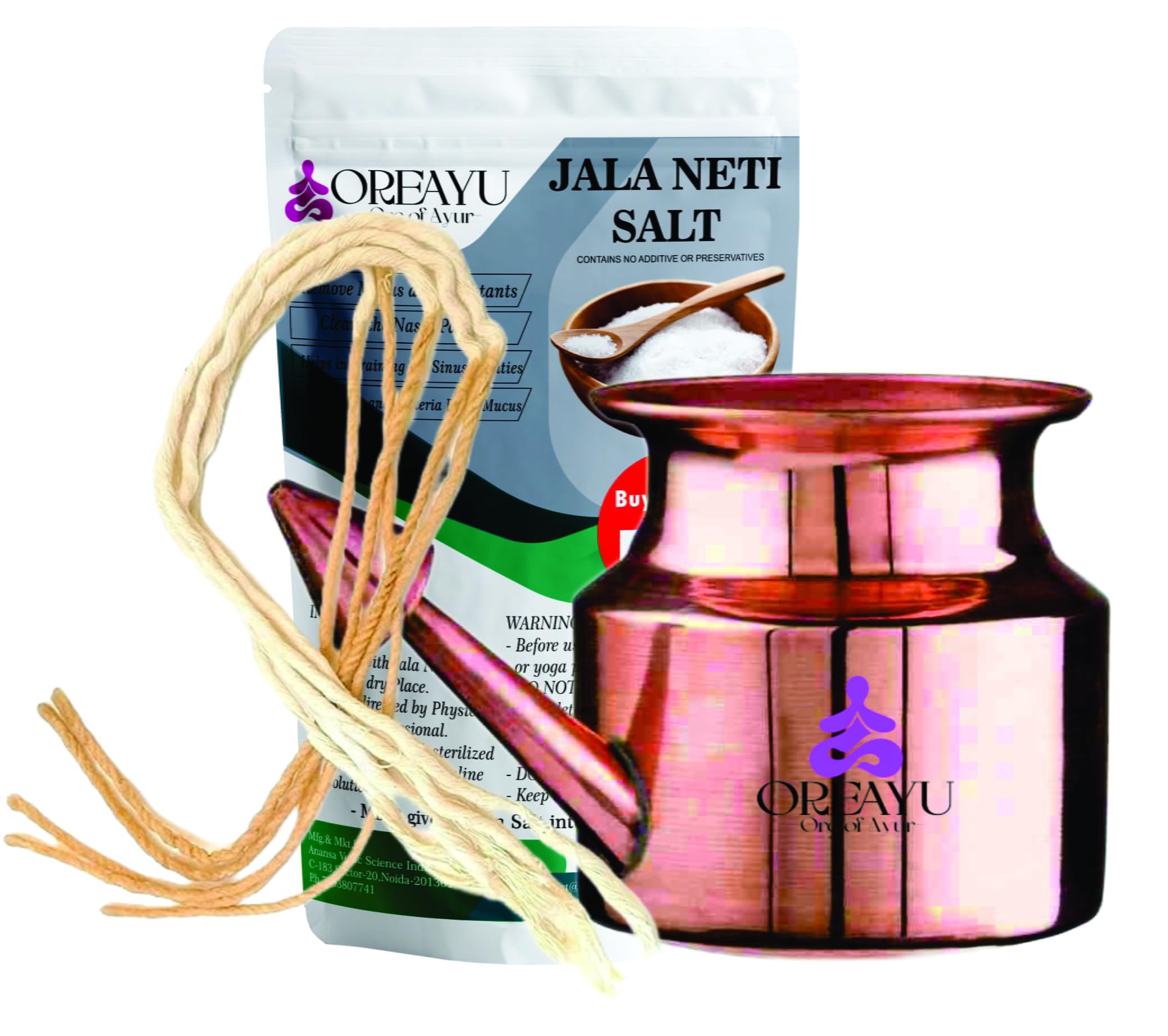 OREAYU ™ Copper Neti Yoga and Ayurveda Jala Neti Pot for Sinus, Nose Irrigation and Cleaning With Cotton Sutra Neti Made Pure Honey Wax(5 neti sutra, 200g neti salt and 250ml copper neti)-image-32
