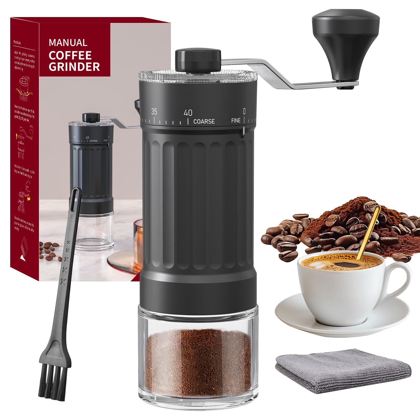 Moulin à Café Manuel, Portable Broyeur à Café en Grain avec Meules en Céramique, 40 Réglages Externes pour French Press, Espresso, Pour-Over, Moka, Idéal pour Maison, Bureau ou Voyages