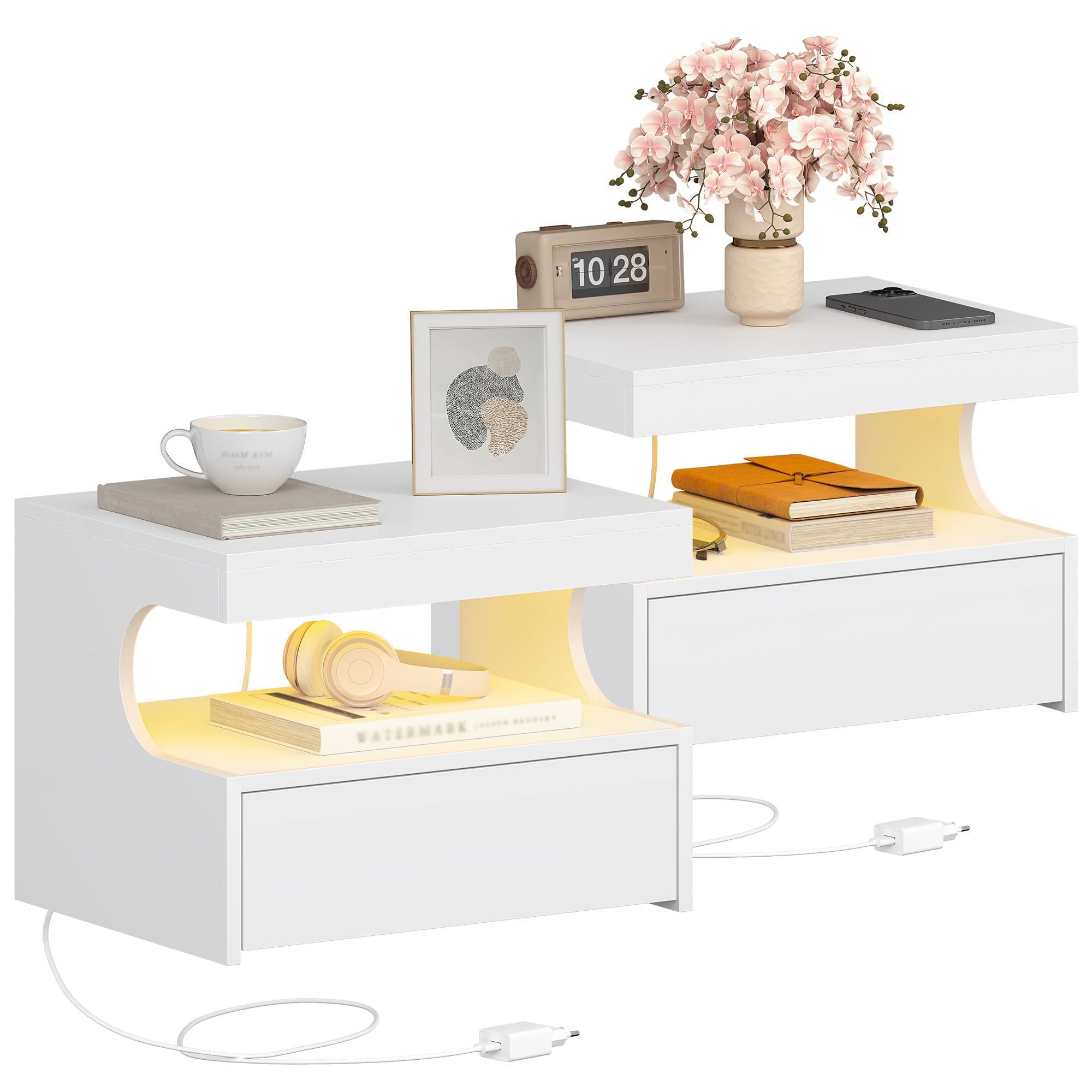 Hzuaneri Table de Chevet Suspendue Lot de 2, Table de Nuit Suspendue LED, Tables de Chevet Murale avec 1 Tiroir Coulissant avec Espace Ouvert, Moderne, pour Chambre à Coucher, Salon, Blanc NS50403XEU