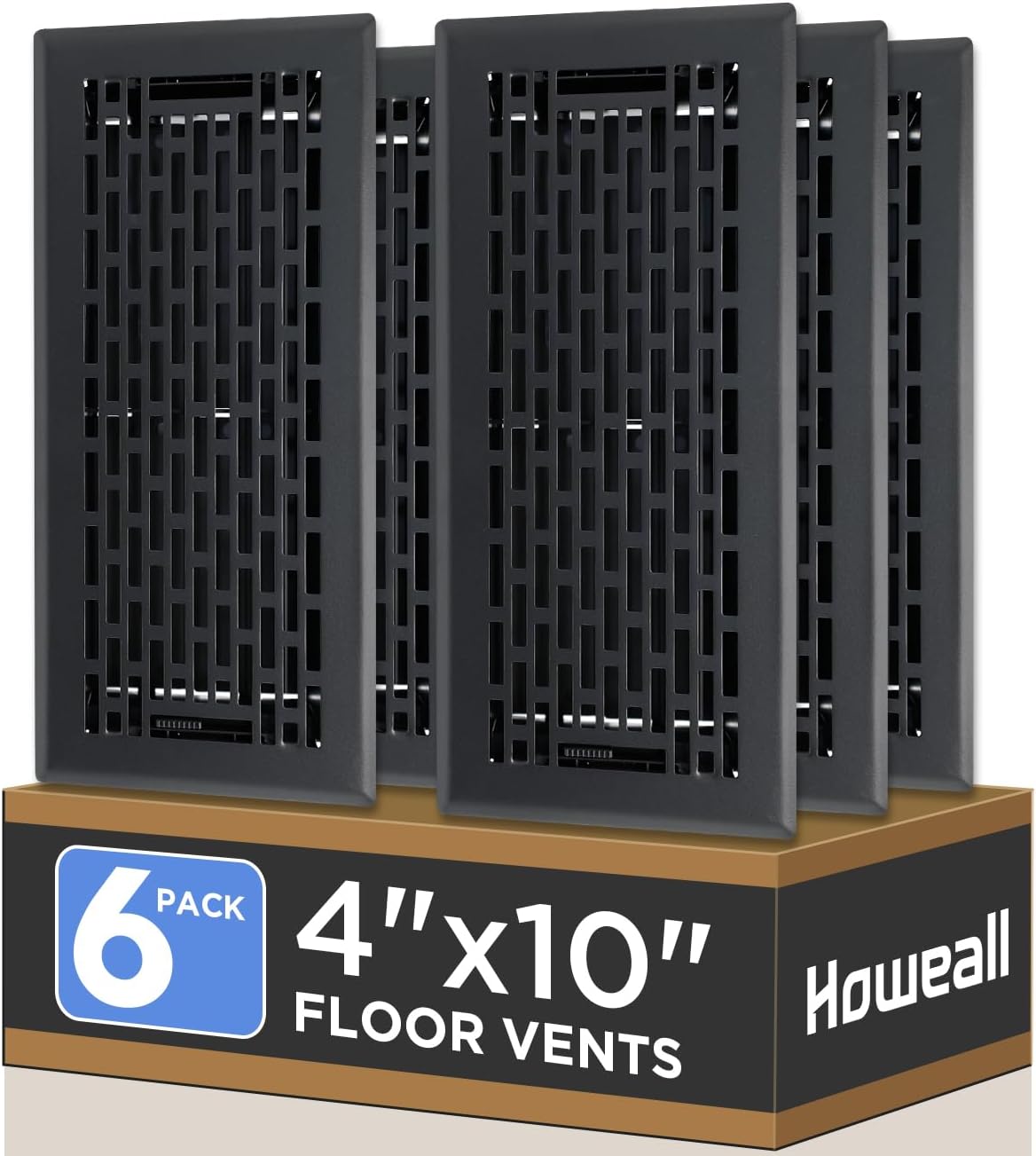 4x10 Inches 6 Pack Heavy Duty Walkable Floor Register - Easy Adjust Air Supply Lever Decorative Floor Vent Covers, Boston Design Vent Covers for Home - Matte Black