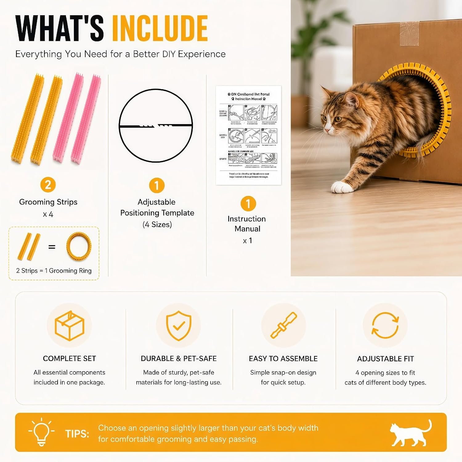 Cat Self Groomer Arch for Cardboard Boxes, DIY Cat Tunnel Brush & Massage Comb for Indoor Cats, Interactive Self Grooming Toy for Cat Cave, Hideouts & Enrichment Play 2 Pack (Pink+Yellow)